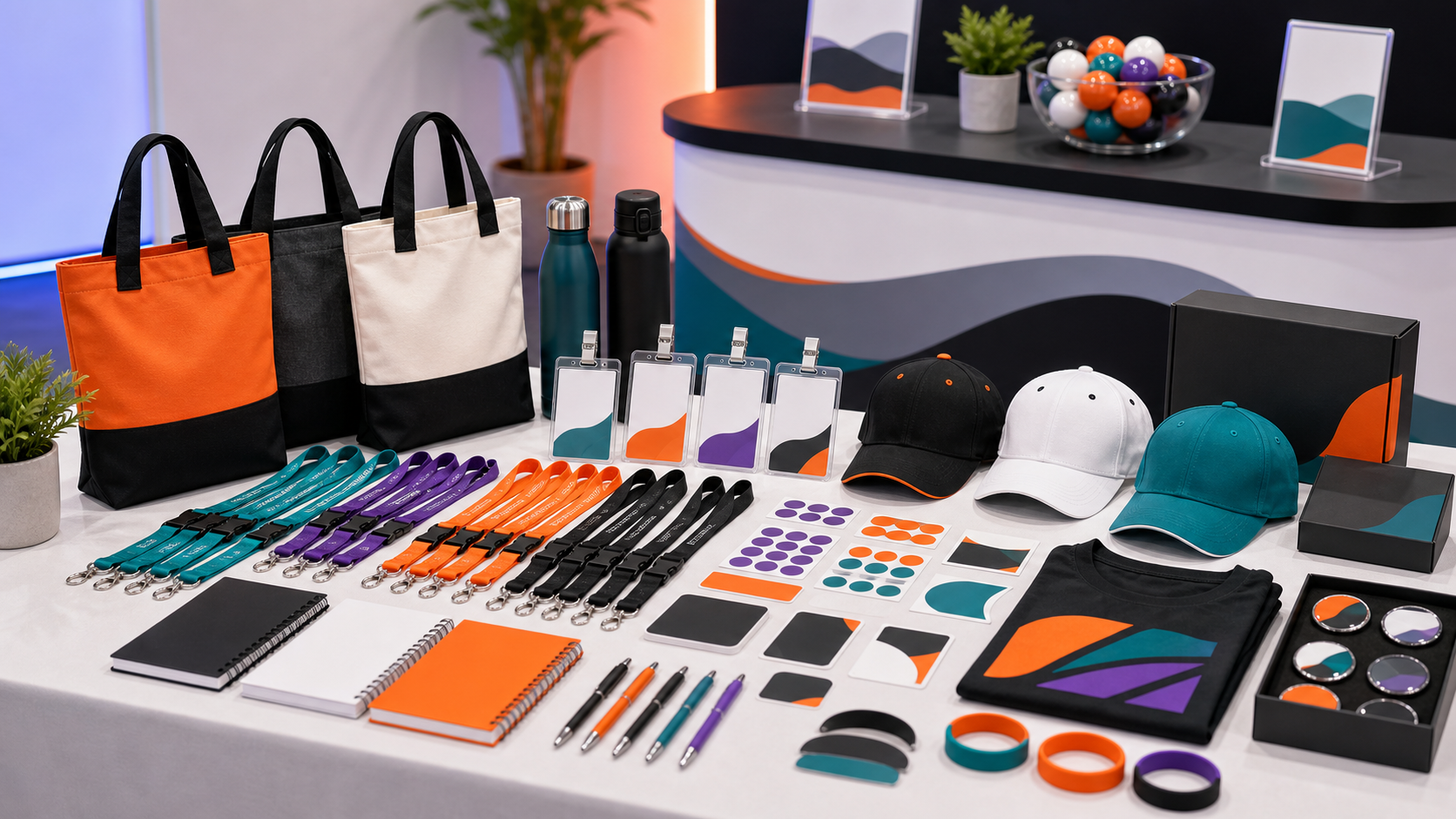 Event merchandise kit with lanyards, badges, tote bags, caps, event tees, bottles, stickers and booth giveaways