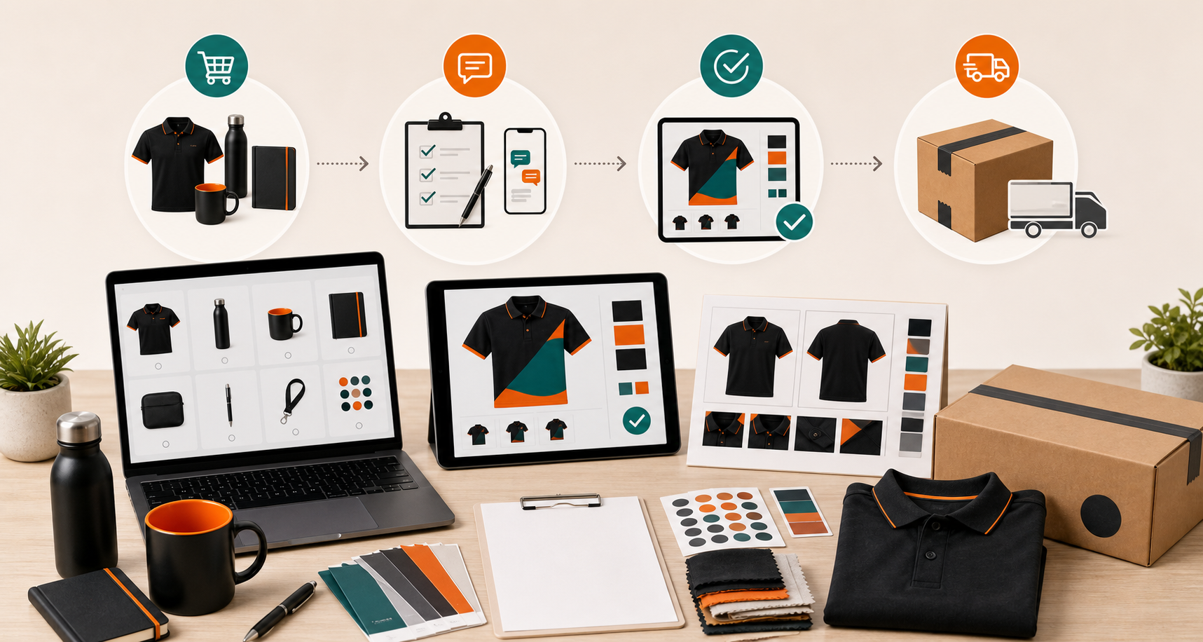 Corporate merchandise order workflow with products, quote sheet, artwork proof, samples and shipping box