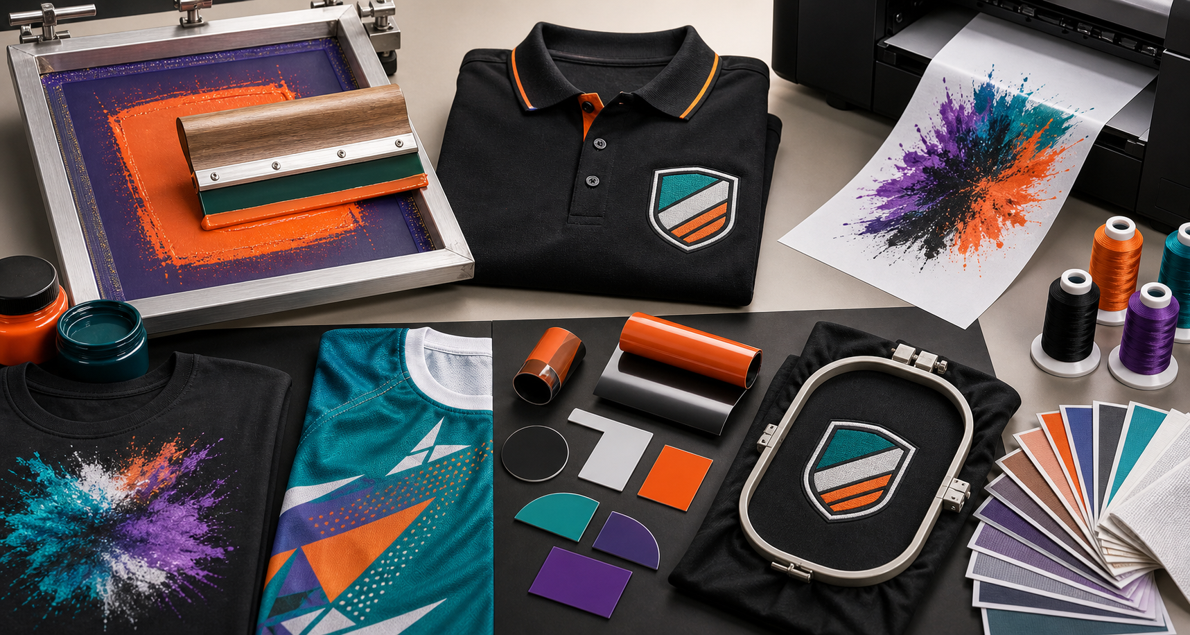 Printing methods studio with screen printing, embroidery, DTF, DTG, sublimation, vinyl and material swatches