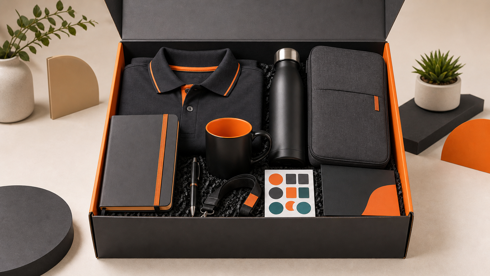 Corporate merchandise catalogue hero showing a welcome kit with apparel, drinkware, stationery and packaging